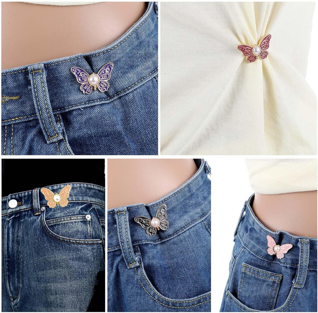 8 Sets Butterfly Pant Waist Tightener for Women, Adjustable Jean Buttons for Loose Jeans, Decorative Detachable Pants Clips to Tighten Waist, No Sew and No Tools Required