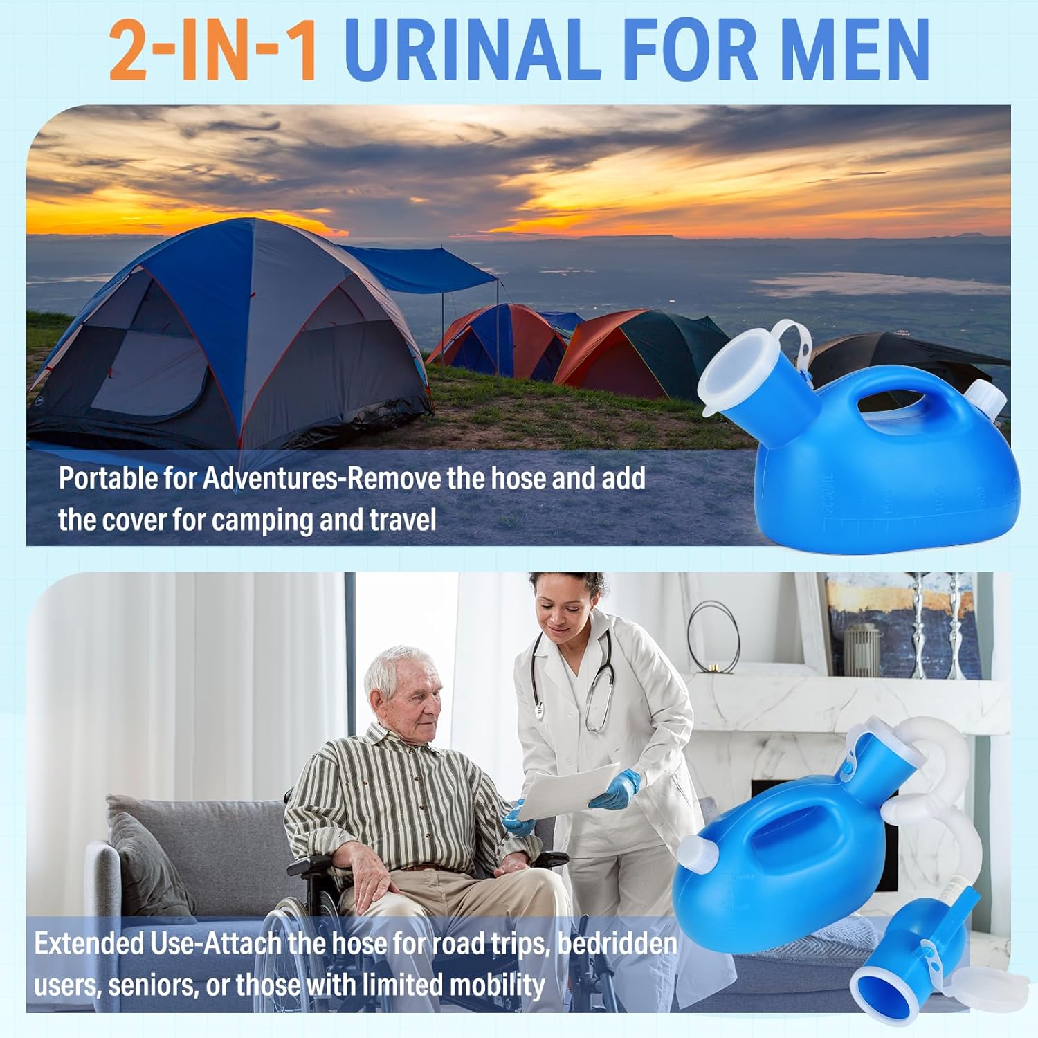 Urinals for Men - Male Urine Bottle Spill Proof Men Urinal Bottle w/Separate Urine Outlet Portable Pee Container 68 OZ for Hospital Home Camping Car Travel Leakproof 59" Shrinkable Hose