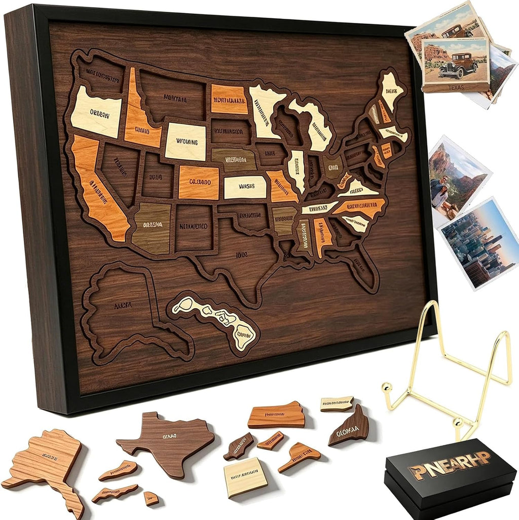 Wooden USA Travel Map Puzzle, A Stylish Way to Track Your Journey & Memories, Journey Tracker Maps Pin Board for Traveling, Removable USA Maps Puzzles for Traveling, Couple Family Art Home (1pc)