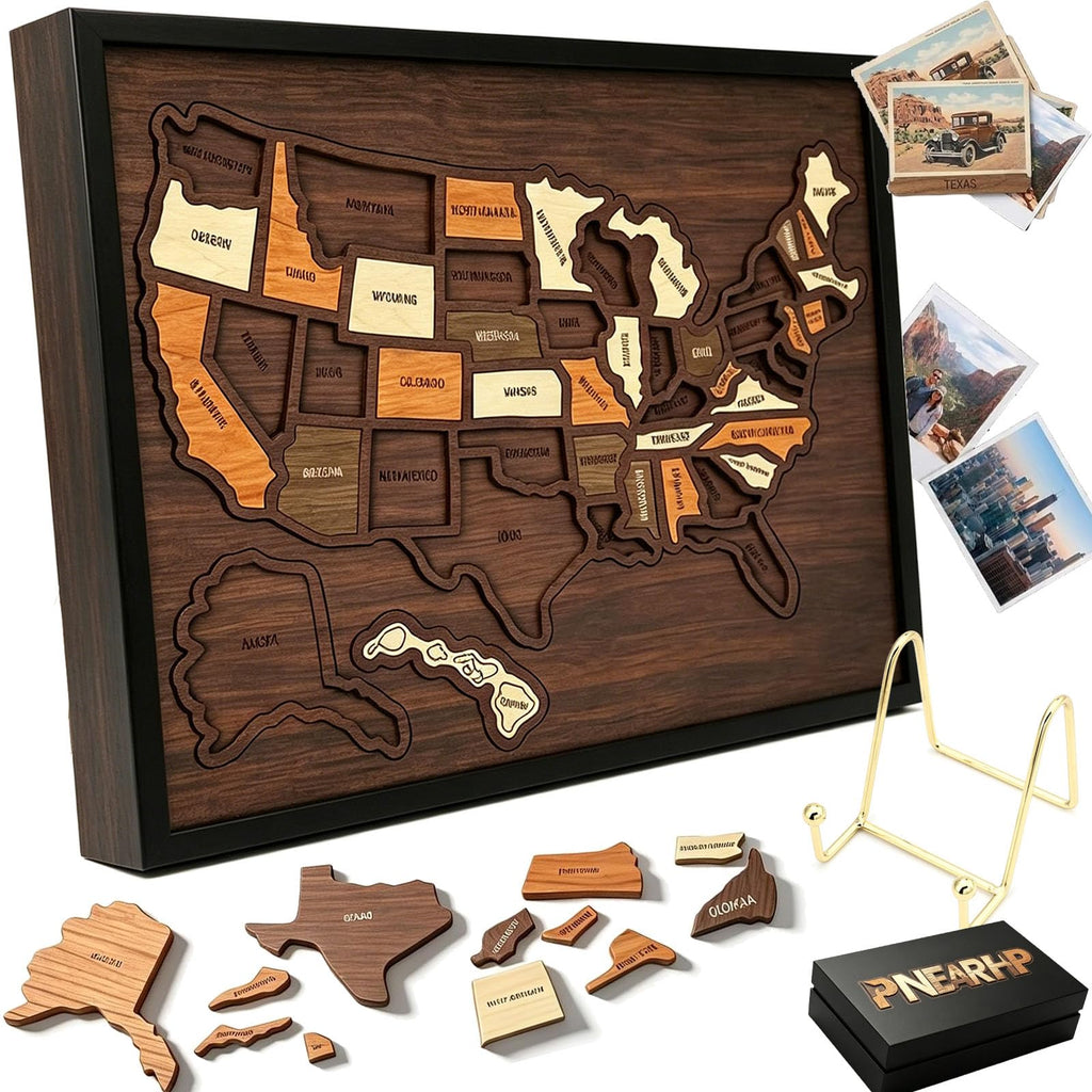 Wooden USA Travel Map Puzzle, A Stylish Way to Track Your Journey & Memories, Journey Tracker Maps Pin Board for Traveling, Removable USA Maps Puzzles for Traveling, Couple Family Art Home (1pc)