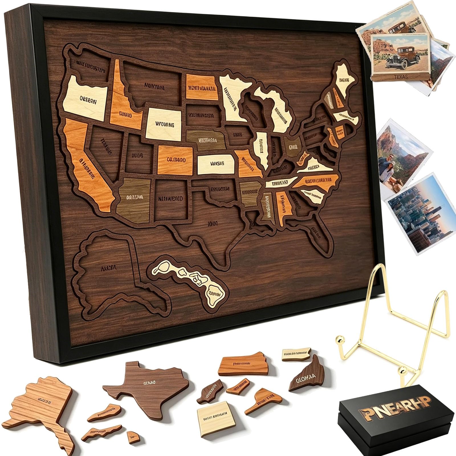 Wooden USA Travel Map Puzzle, A Stylish Way to Track Your Journey & Memories, Journey Tracker Maps Pin Board for Traveling, Removable USA Maps Puzzles for Traveling, Couple Family Art Home (1pc)