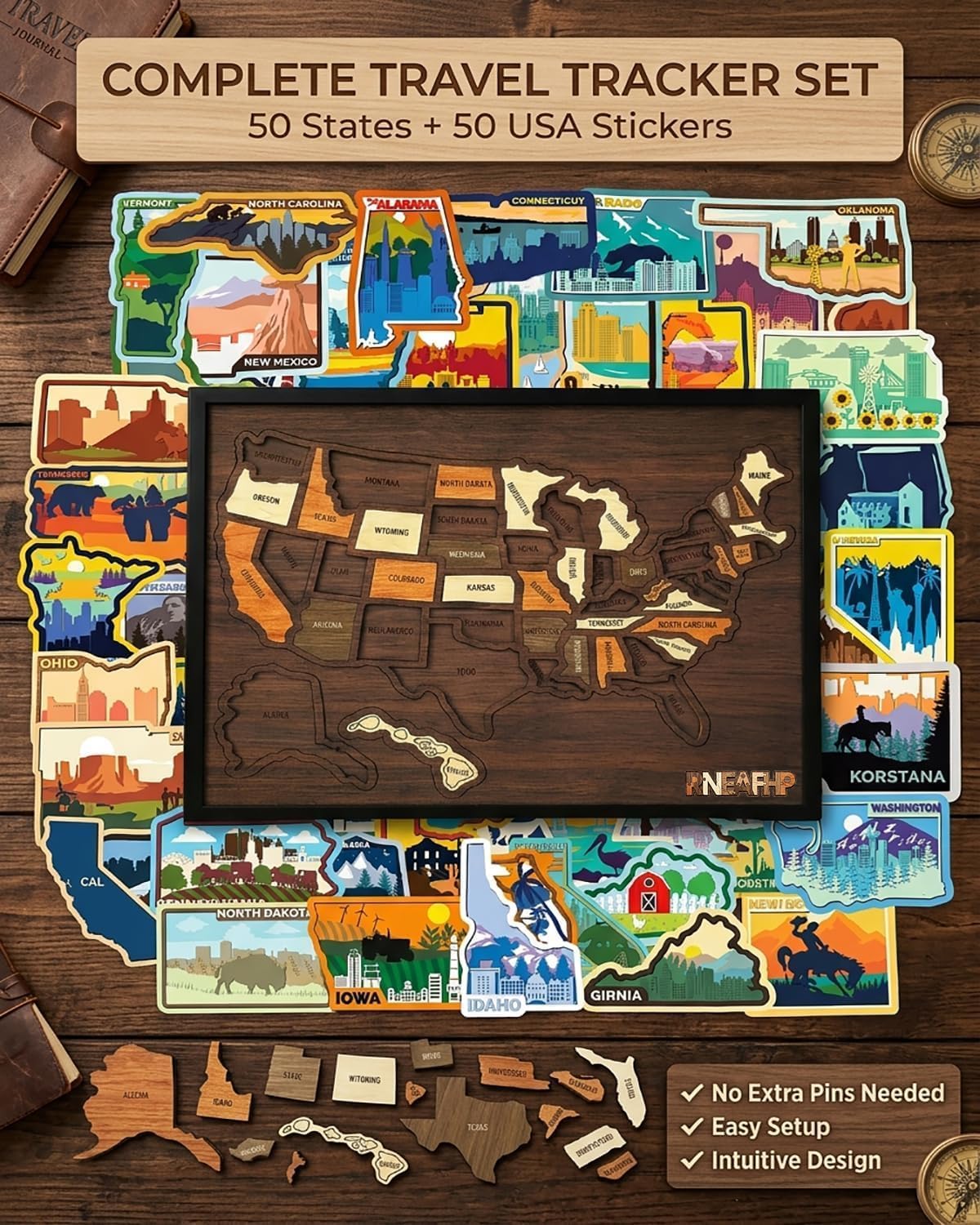 Wooden USA Travel Map Puzzle, A Stylish Way to Track Your Journey & Memories, Journey Tracker Maps Pin Board for Traveling, Removable USA Maps Puzzles for Traveling, Couple Family Art Home (1pc)