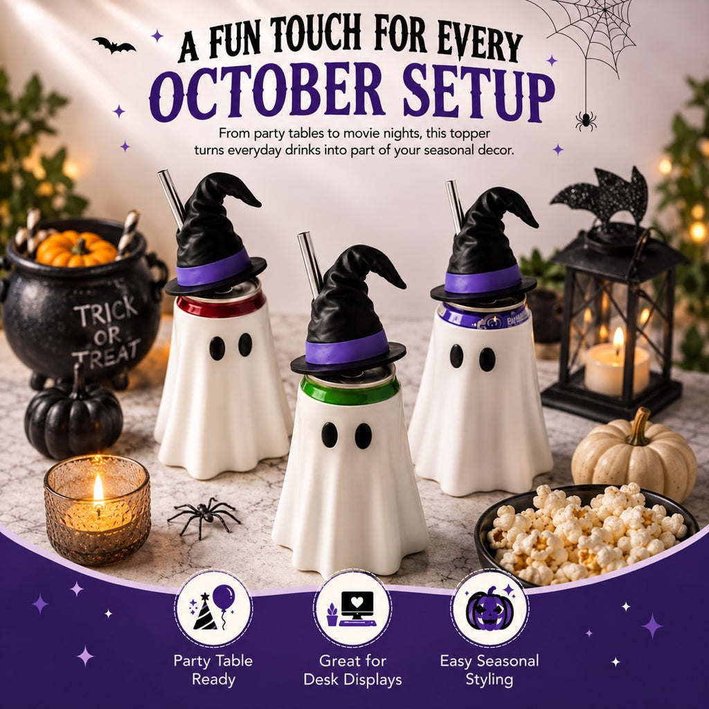 Halloween Witch Hat Ghost Can Holder with Straw Opening, Reusable 3D Beverage Can Cover, Standard or Tall Size, Spooky Drink Accessory for Parties, Desks & Movie Nights
