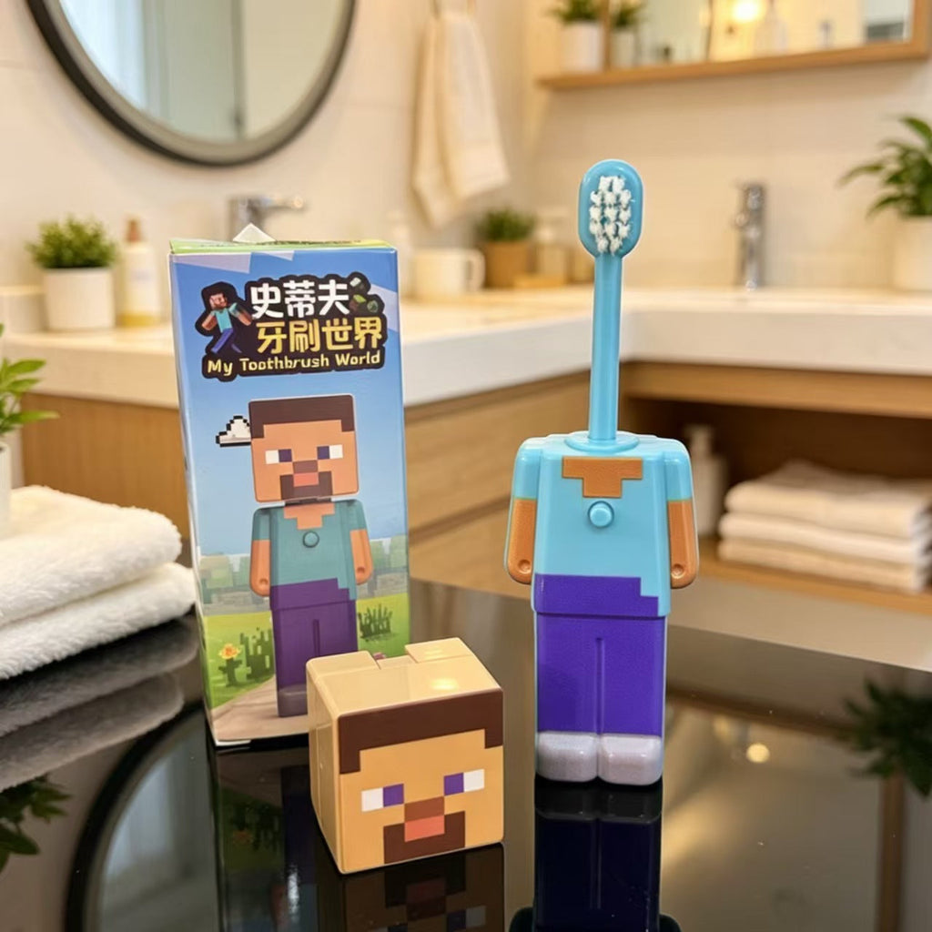 Kids Pixel Character Pop-Up Toothbrush with Cap | Ultra-Soft Travel Brush