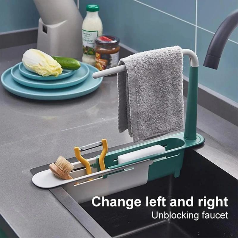 Adjustable Under-Sink Storage Rack, Thick PP Telescopic Organizer with Hanging Rod & Drain Holes for Kitchen Bathroom