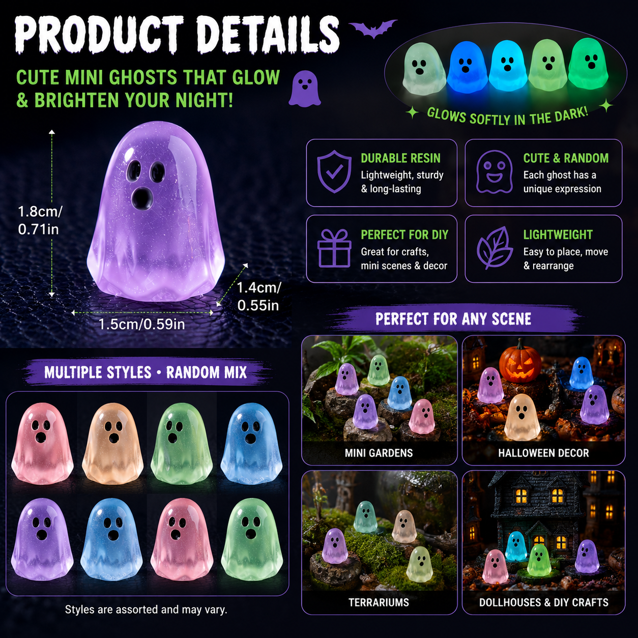 Random Glow-in-the-Dark Mini Ghost Figurines, Cute Halloween Resin Decorations for DIY Crafts & Micro Landscapes, 20/50PCS