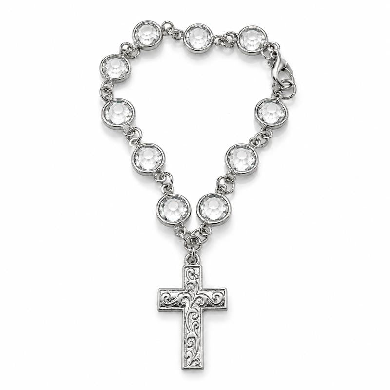Faith-Inspired Crystal Cross Car Steering Wheel Charm, Silver Tone Beaded Hanging Ornament, Spiritual Blessing Symbol Auto Interior Decor, Meaningful Gift for Drivers