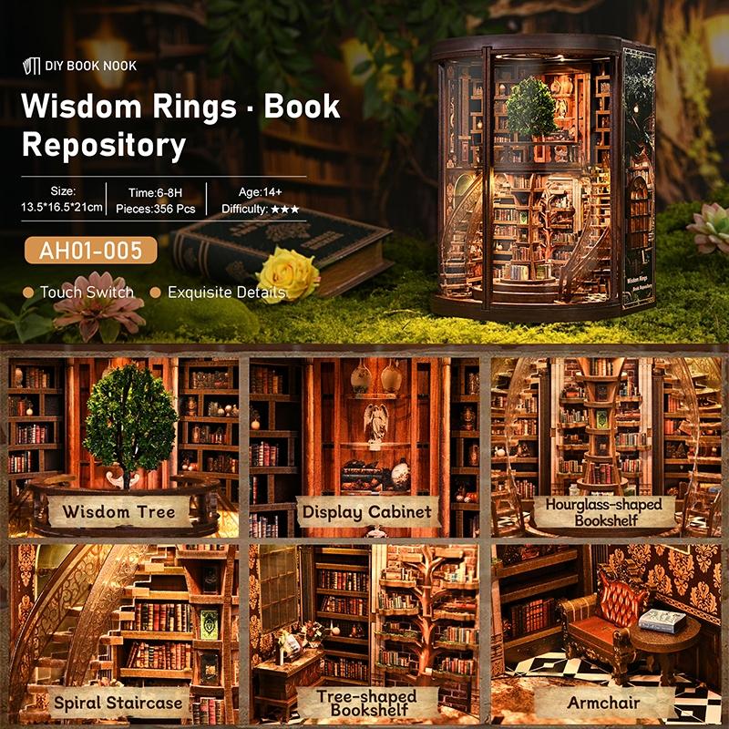 Wooden Bookshelf DIY Model Kit,Vintage Abstract Renaissance Style DIY Hut 3D Hand-Assembled Booklet Toy House,3D Puzzle Country Style Wooden Shelf Decoration with Acrylic Dust Cover,Miniature Dollhouse Kit, Victorian Style Wooden Dollhouse, Christmas Gift