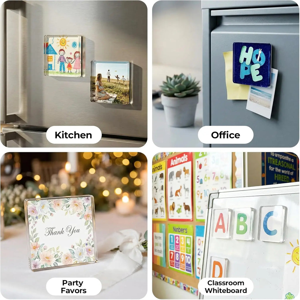 Magnetic Photo Frames 2"x2" Clear Acrylic DIY Fridge Magnets with Adhesive Backing – Square Magnets for Crafts, Kitchen, Classroom, Party & Office Decoration Summer Vibes summer wins