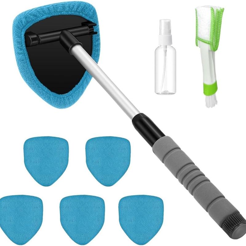 9-Piece Car Windshield Cleaning Kit with Extendable Handle, 180° Swivel Head, 6 Reusable Microfiber Pads, Vent Brush & Spray Bottle for Windows, Mirrors & Glass