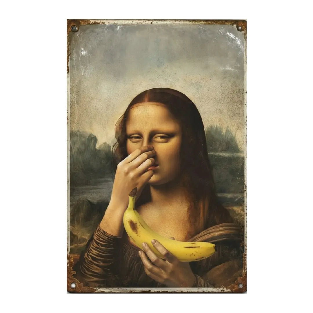 Funny Mona Lisa Metal Sign | Vintage Nose-Pinching Bathroom Decor (8x12")