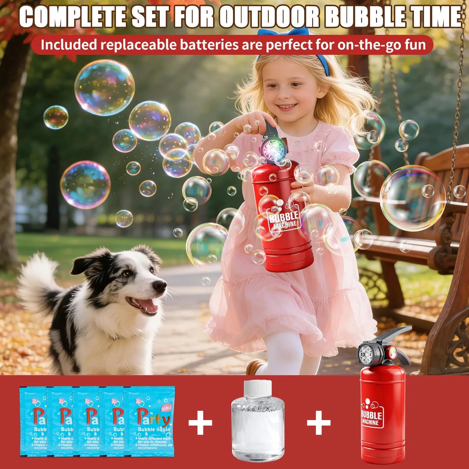 Portable Fire Extinguisher Bubble Blower for Kids, Automatic 6-Hole Bubble Machine with Colorful LED Lights & Bubble Solution, Outdoor Birthday Party Summer Toy for Boys Girls