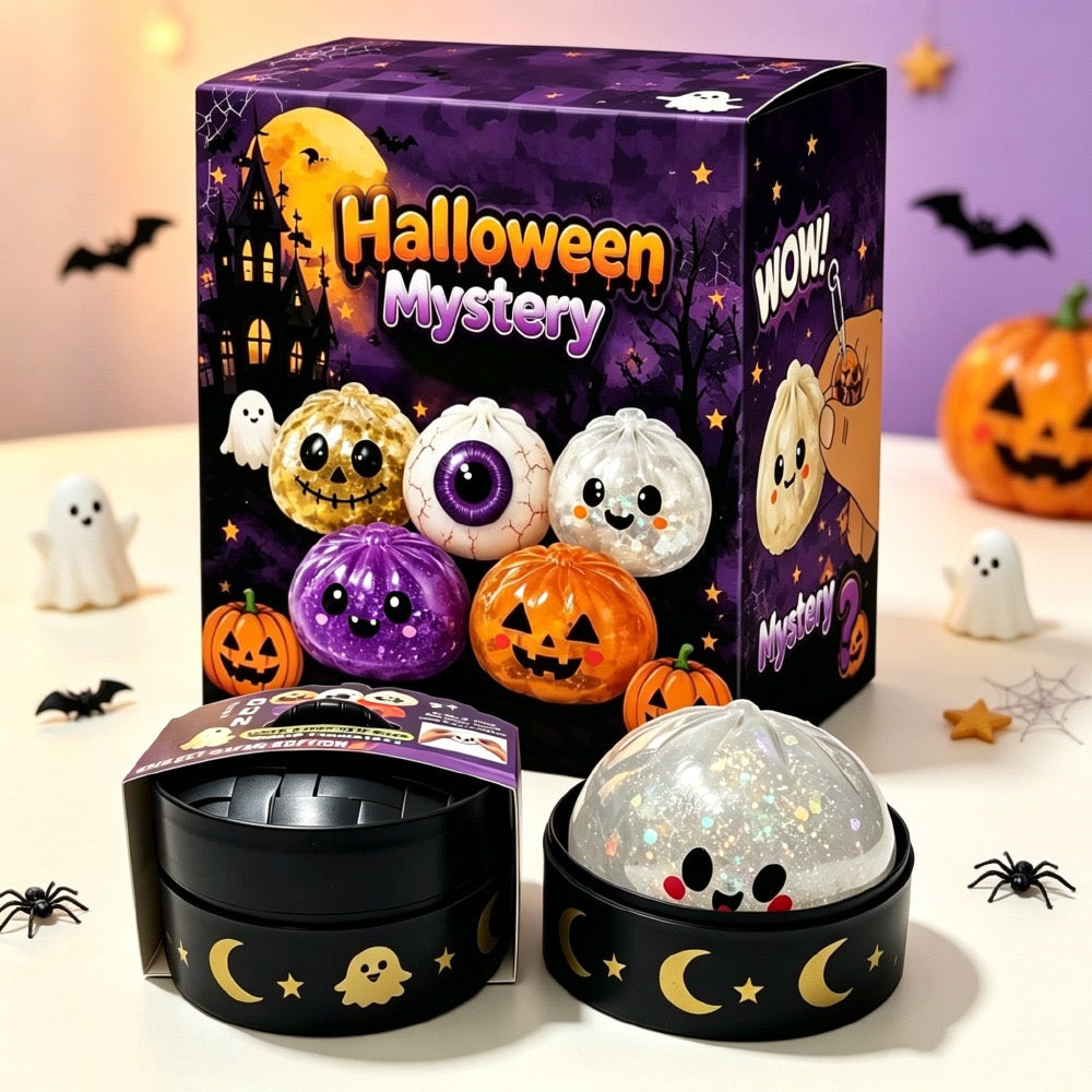 Halloween Dumpling Squishy Toy with Steamer-Style Storage Box, Slow-Rising Squeeze Toy, Spooky Sensory Party Favor & Gift