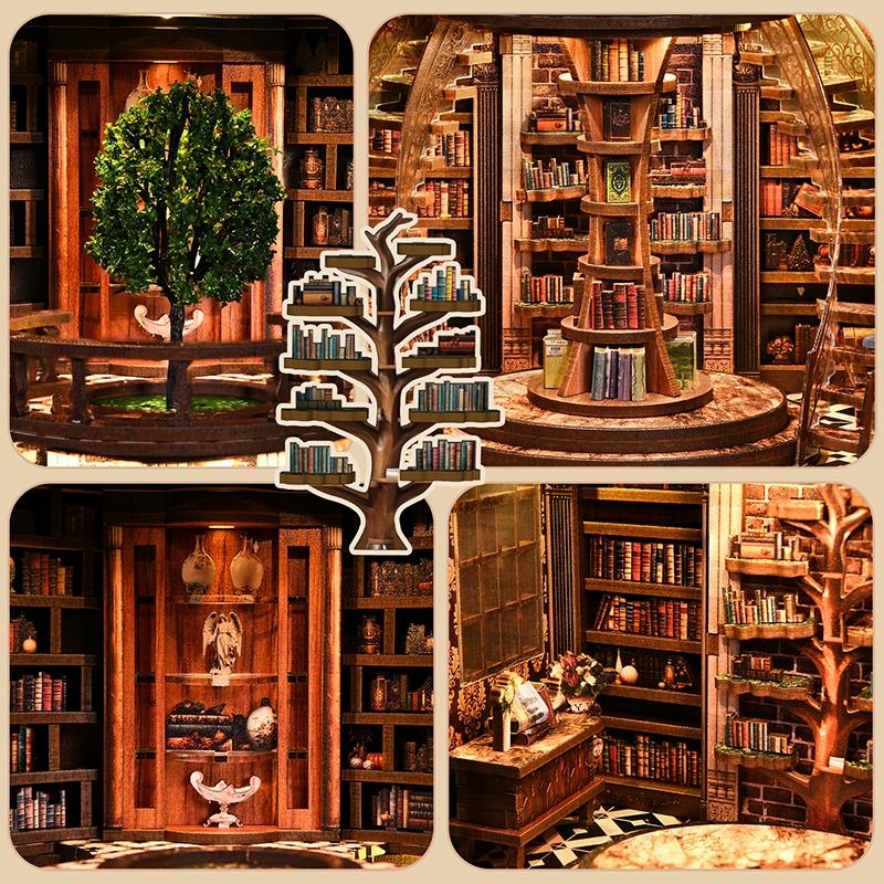 Wooden Bookshelf DIY Model Kit,Vintage Abstract Renaissance Style DIY Hut 3D Hand-Assembled Booklet Toy House,3D Puzzle Country Style Wooden Shelf Decoration with Acrylic Dust Cover,Miniature Dollhouse Kit, Victorian Style Wooden Dollhouse, Christmas Gift