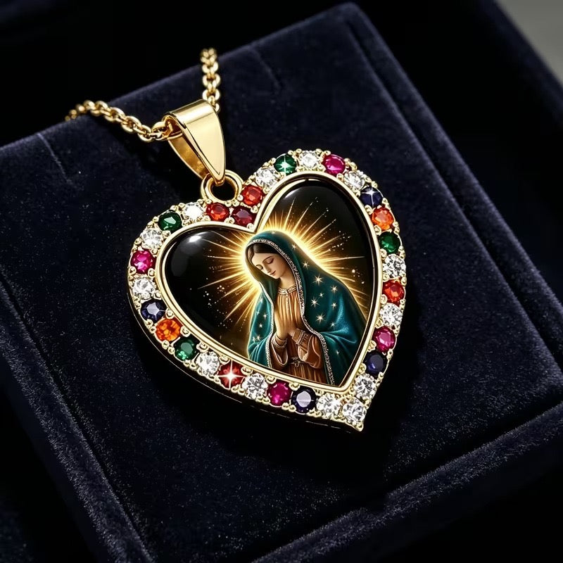 Our Lady of Guadalupe Heart Pendant Necklace, Gold-Tone Virgin Mary Catholic Jewelry, Religious Gift for Women