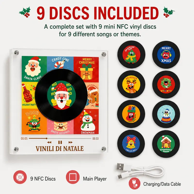 【Christmas Gift】Magnetic NFC Music Player with 9 Mini Vinyl Discs, Add Your Own Songs, Rotating Record Player with Light Effect, Unique Music Gift & Christmas Fridge Decor