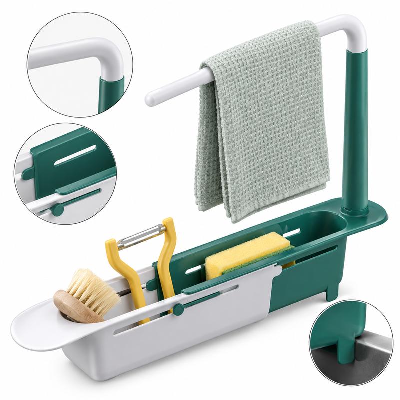 Adjustable Under-Sink Storage Rack, Thick PP Telescopic Organizer with Hanging Rod & Drain Holes for Kitchen Bathroom