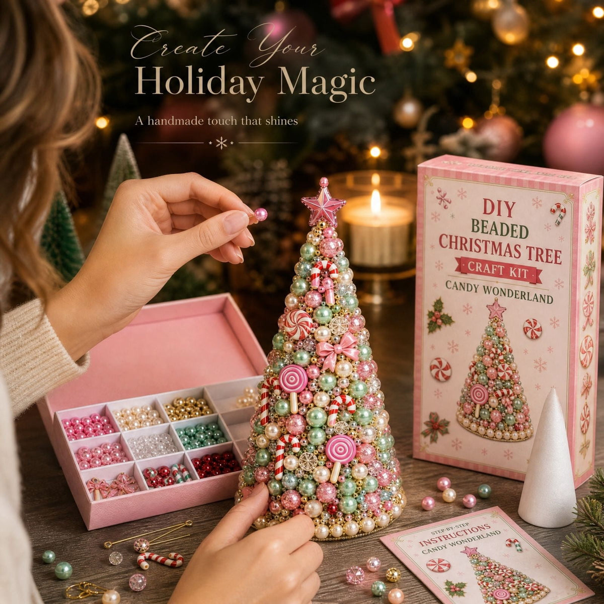 Jeweled Christmas Tree DIY Christmas Craft Christmas Decorations Beaded Christmas Tree 7.48IN All In One Handmade Christmas Table Decor Kit