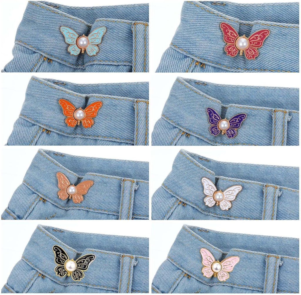 8 Sets Butterfly Pant Waist Tightener for Women, Adjustable Jean Buttons for Loose Jeans, Decorative Detachable Pants Clips to Tighten Waist, No Sew and No Tools Required