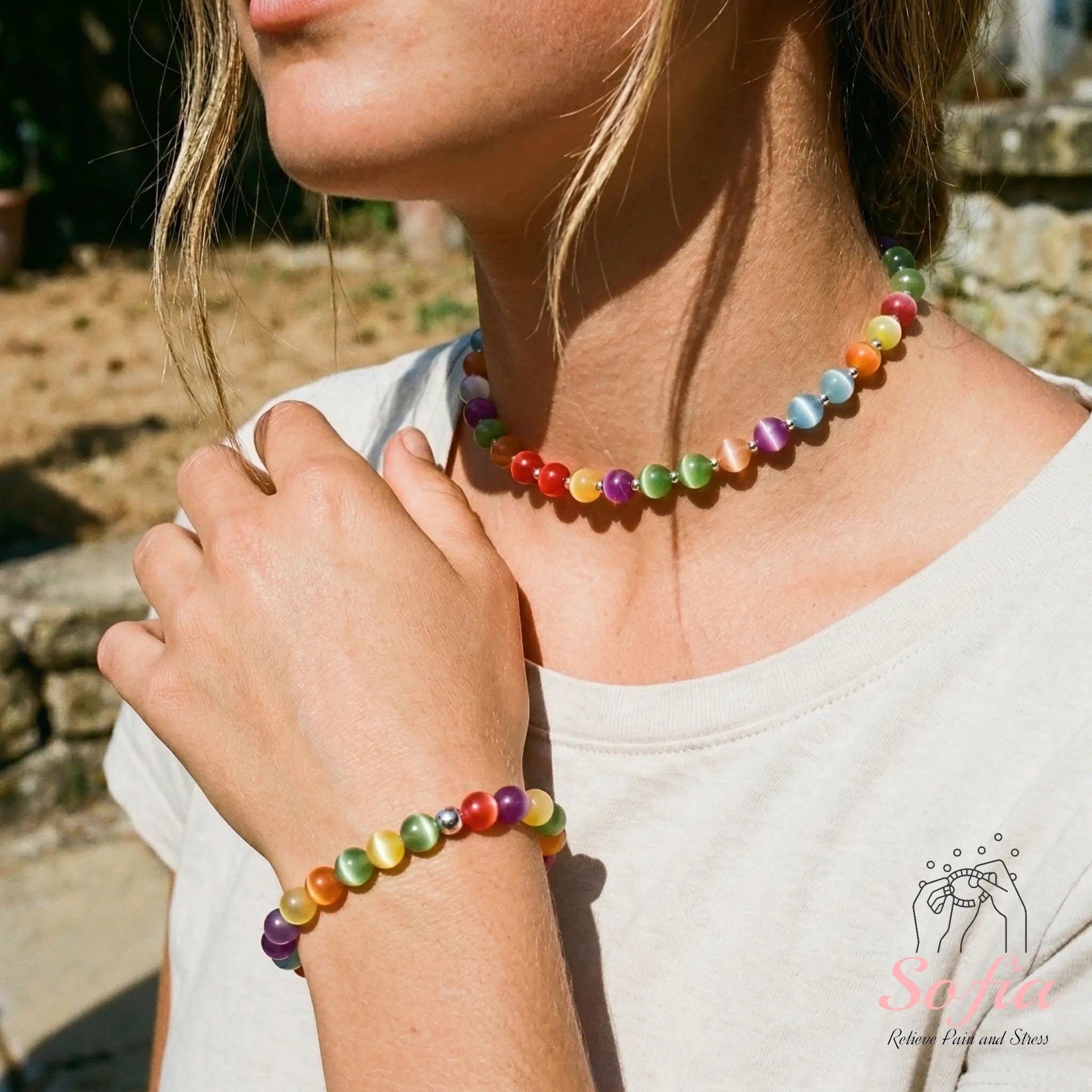 Sofia Dopamine Necklace - Rainbow Beaded Choker - UV Reactive Necklace Waterproof - Summer Jewelry Stainless Steel, Stackable