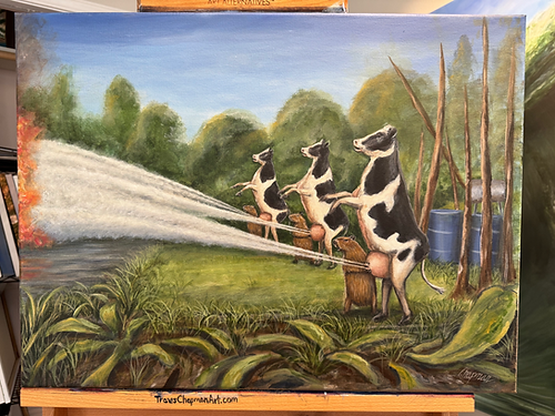 Capybara milking cows defend from hippo fart  ,”Hippo fart embellished canvas print.