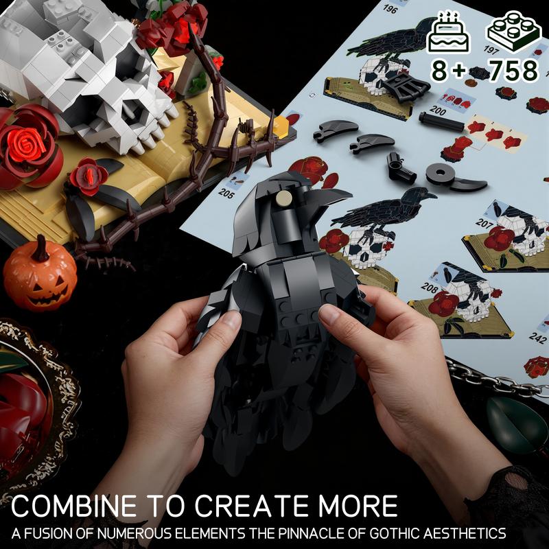 BUILDIFY Gothic Raven & Skull Art Building Set 758 PCS with Crow Skulls Roses & Books Dark Botanical Art Block Kit Compatible with Lego Perfect Gift for Gothic Fans & Brick Collectors