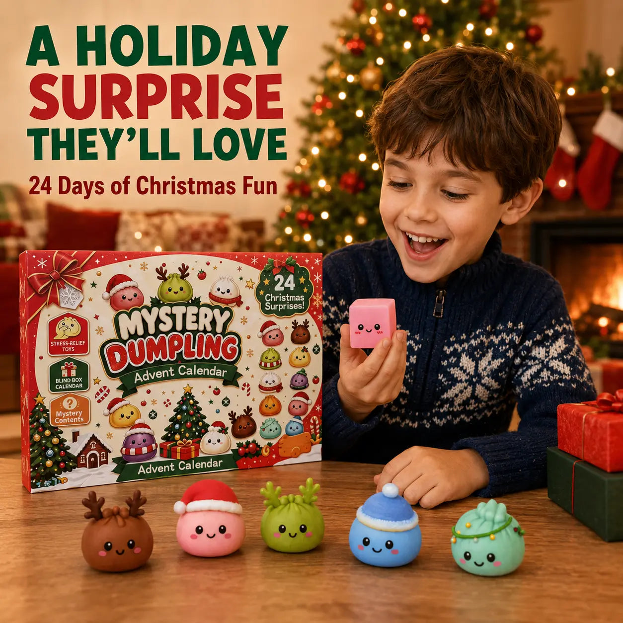 2026 Christmas Advent Calendar with 24 Mini Dumpling Squishies, Glitter Squeeze Toy Countdown Calendar, Holiday Gift for Kids