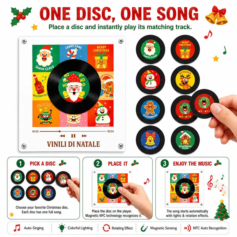 【Christmas Gift】Magnetic NFC Music Player with 9 Mini Vinyl Discs, Add Your Own Songs, Rotating Record Player with Light Effect, Unique Music Gift & Christmas Fridge Decor