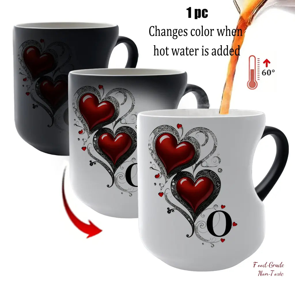 Personalized Heat-Changing Ceramic Mug, 11 oz Color-Changing Coffee Cup with A-Z Initial Letter & Heart-Shaped Handle, Custom Gift