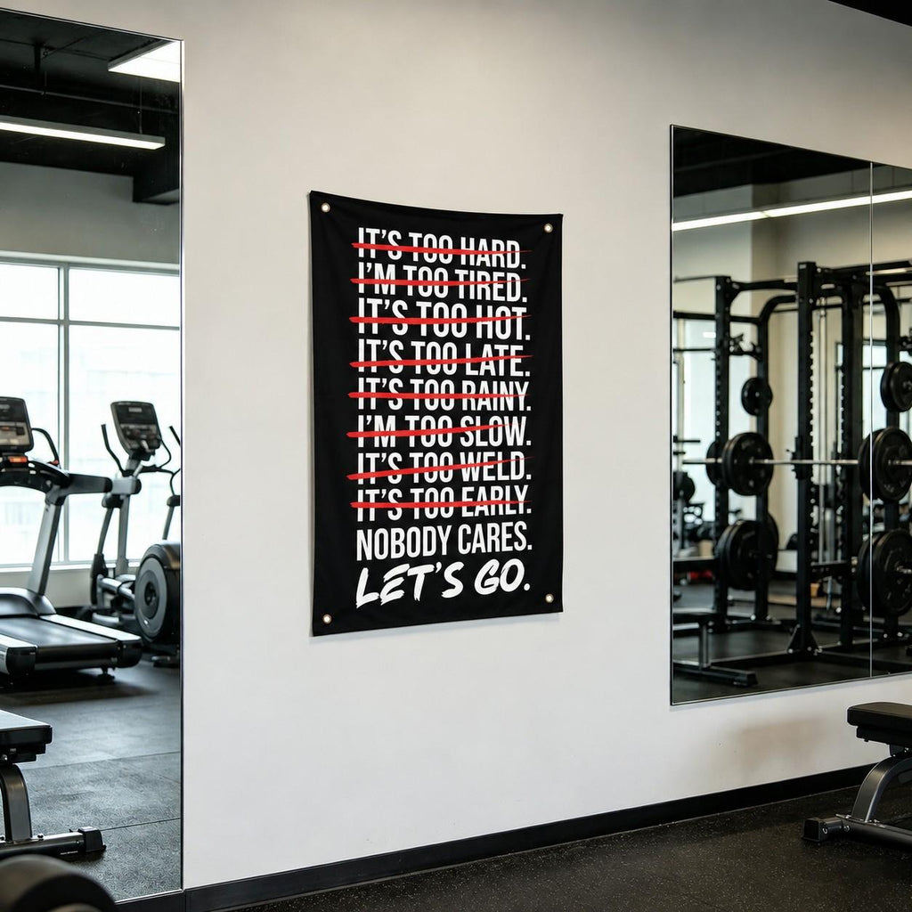 【Black Friday】Nobody Cares Let's Go Gym Motivation, Bold Black, White & Red Typography Design, 2D Single-Sided Polyester Flag with 4 Metal Grommets, Wall Decor Flag for Home Gym, Fitness Room & Dorm Wall