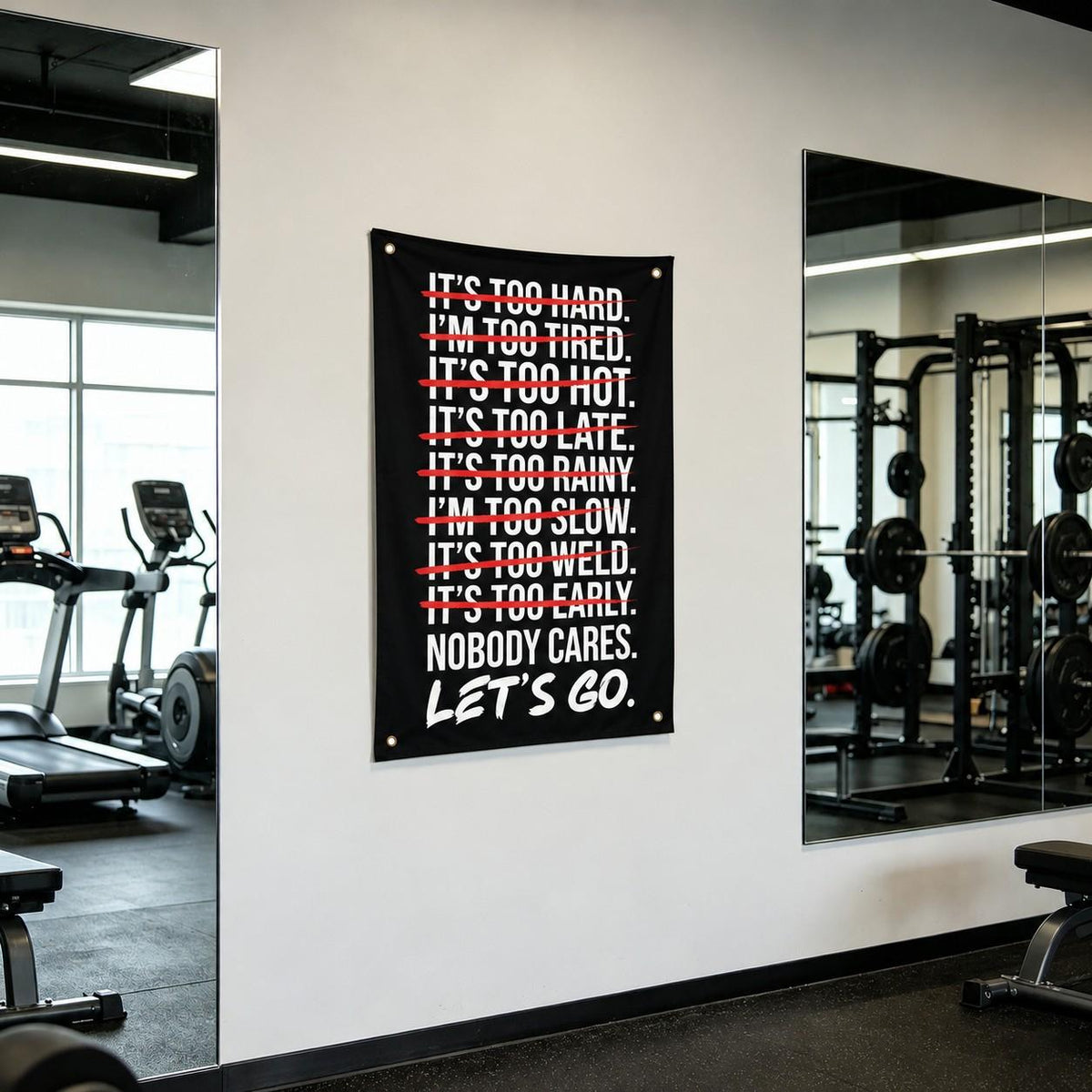 【Black Friday】Nobody Cares Let's Go Gym Motivation, Bold Black, White & Red Typography Design, 2D Single-Sided Polyester Flag with 4 Metal Grommets, Wall Decor Flag for Home Gym, Fitness Room & Dorm Wall