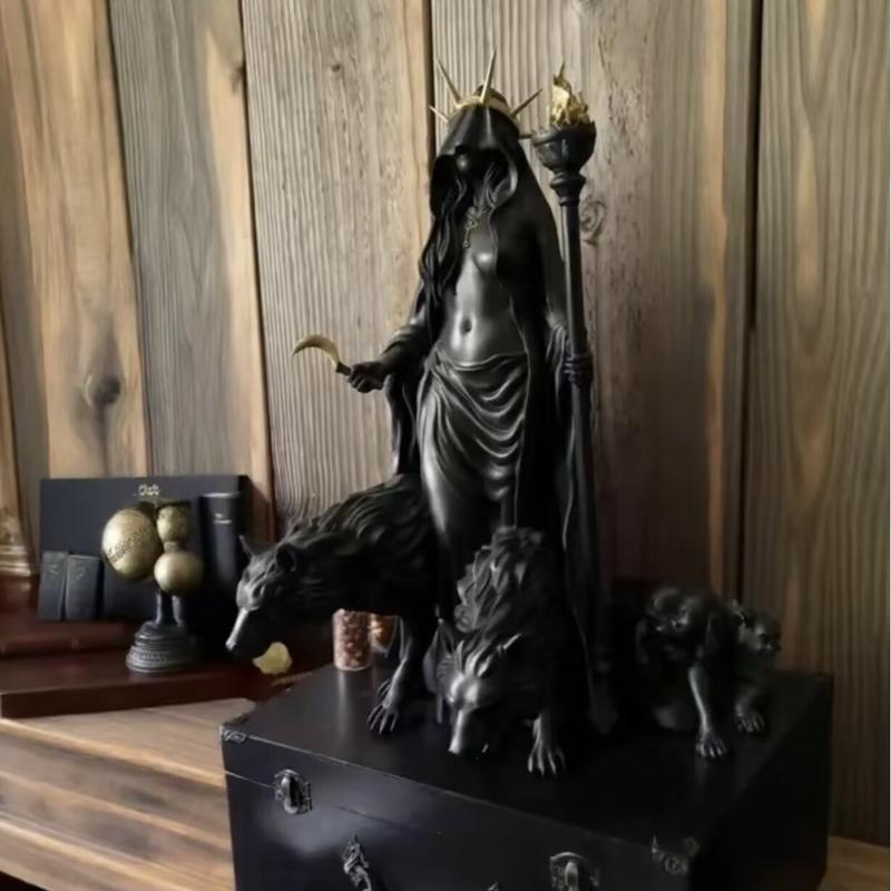 Gothic Hecate Statue, Dark Goddess Holding Torch, Witch Sculpture, Halloween Decor, Mystical Altar, Religious Decoration, Resin Home Ornament
