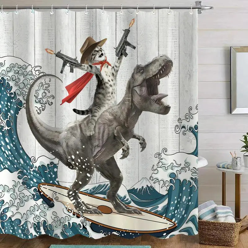 Dinosaur and Cat Pattern Removable Shower Curtain, Waterproof Bathroom Curtain with 12 Hooks