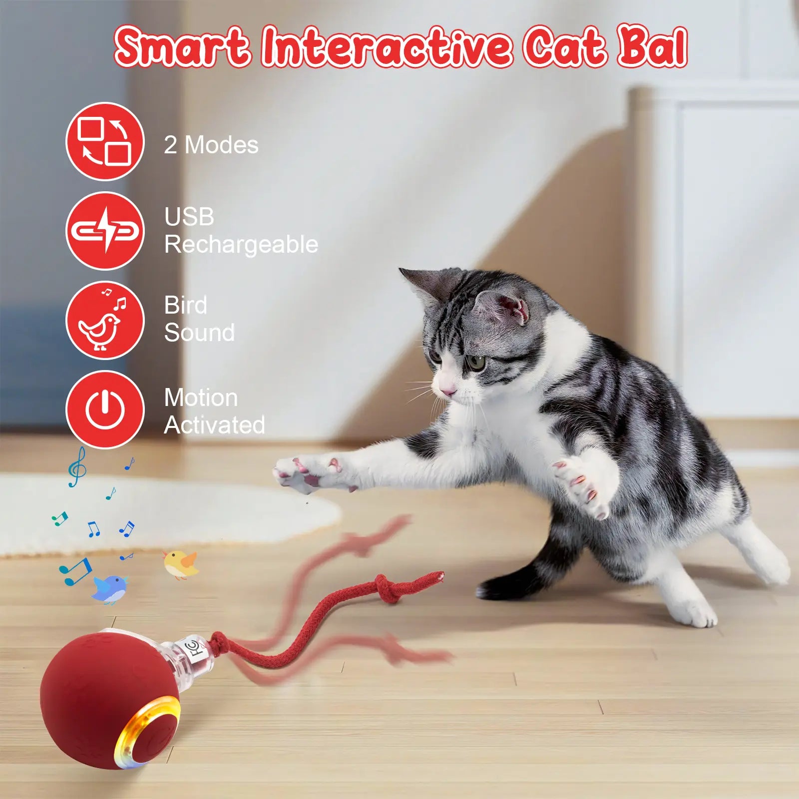 Interactive Cat Ball Toy | Bird Chirping & Motion Activated Rug Kicker