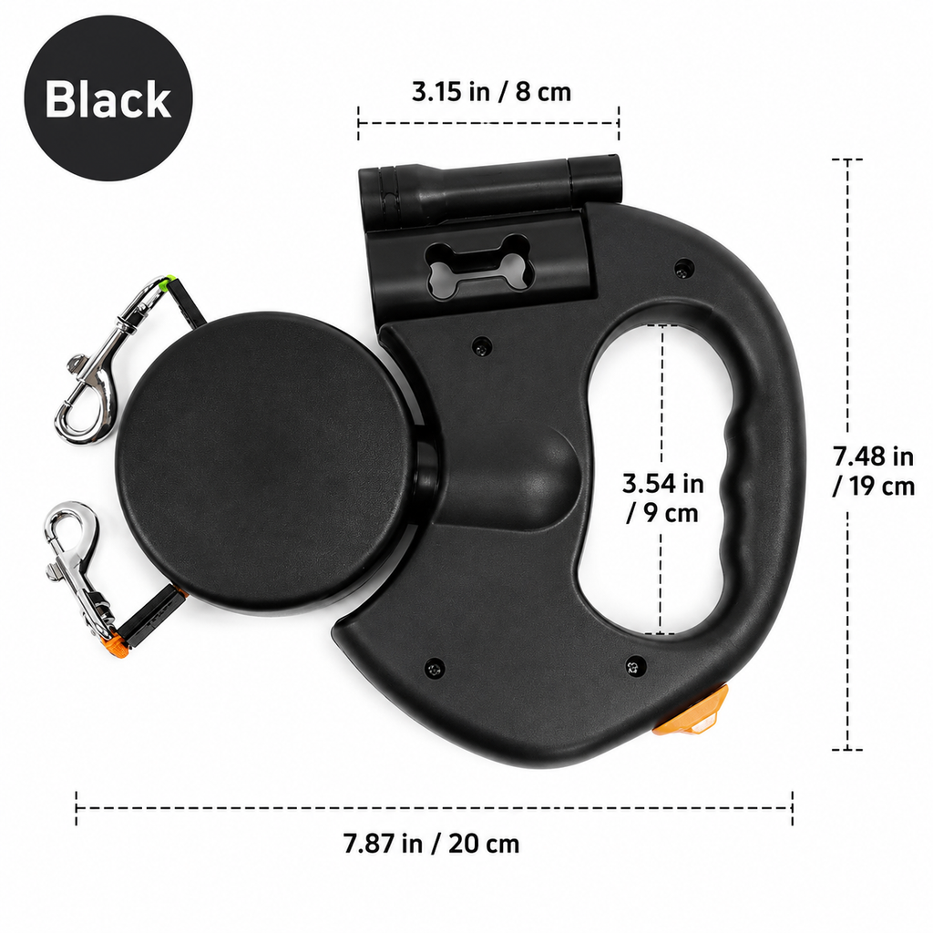 Dual Retractable Dog Leash for Two Dogs, 2 × 10 ft / 3 m Leads, 360° Anti-Tangle, One-Hand Brake with LED Flashlight