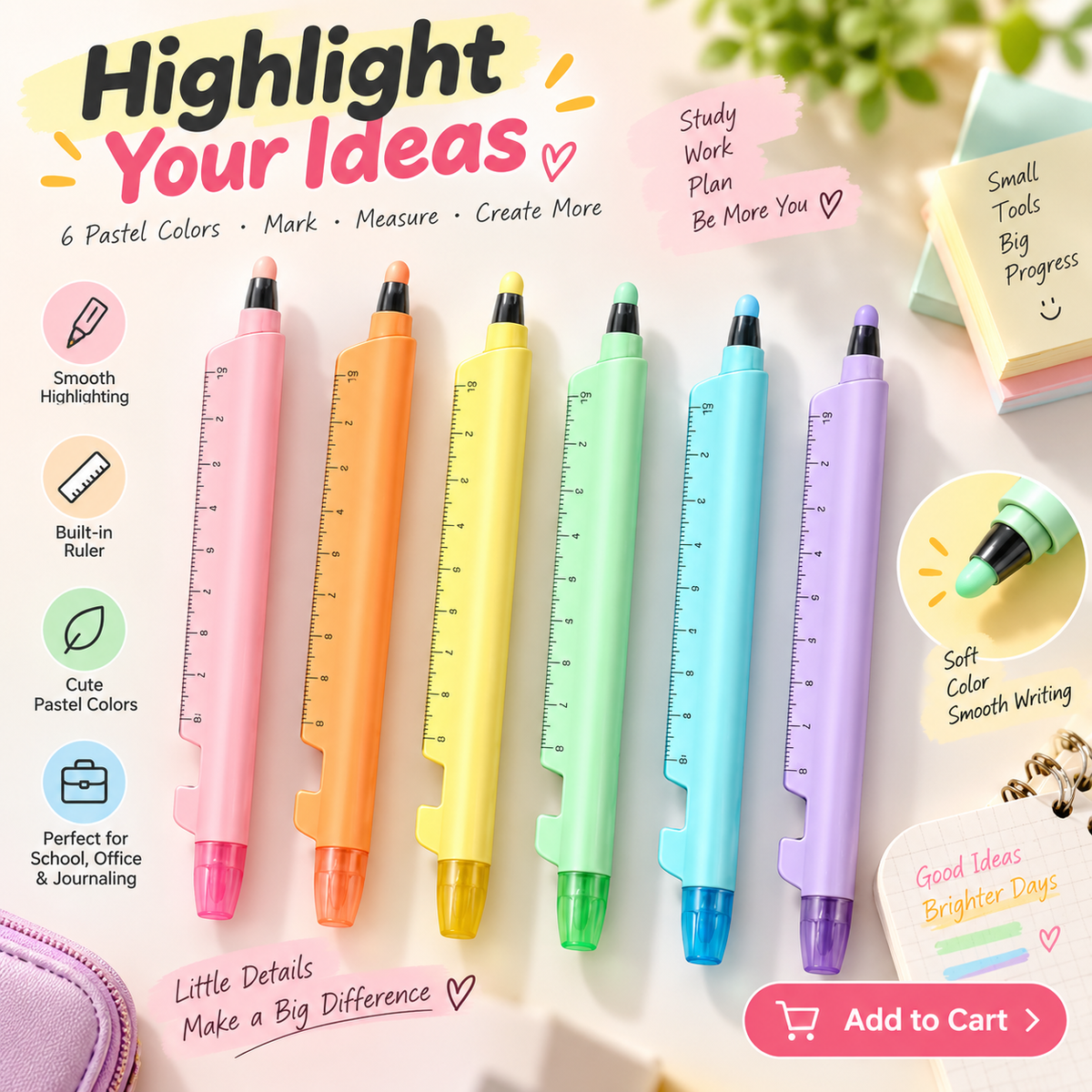 6-Pack 5-in-1 Highlighter Pen Set with Gel or Ballpoint Pen, 9cm Ruler, Touchscreen Stylus & Phone Stand for School, Office & Study