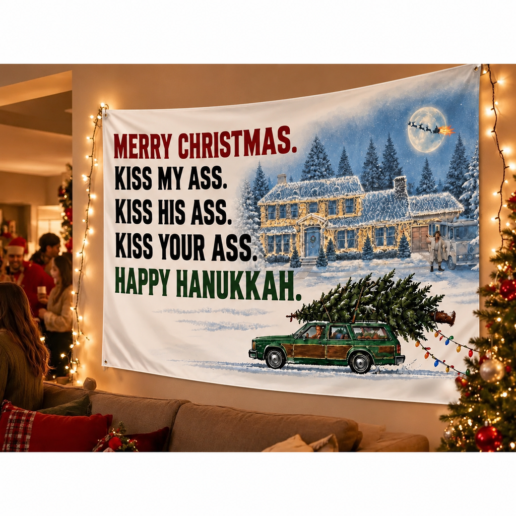 Funny Christmas Flag – Merry Christmas Happy Hanukkah Holiday Quote Banner, Single-Sided with Metal Grommets, Snowy House RV Station Wagon Design, Xmas Porch Yard Garage Wall Decor, Holiday Party Decoration, Funny Gift for Adults, Winter Decor