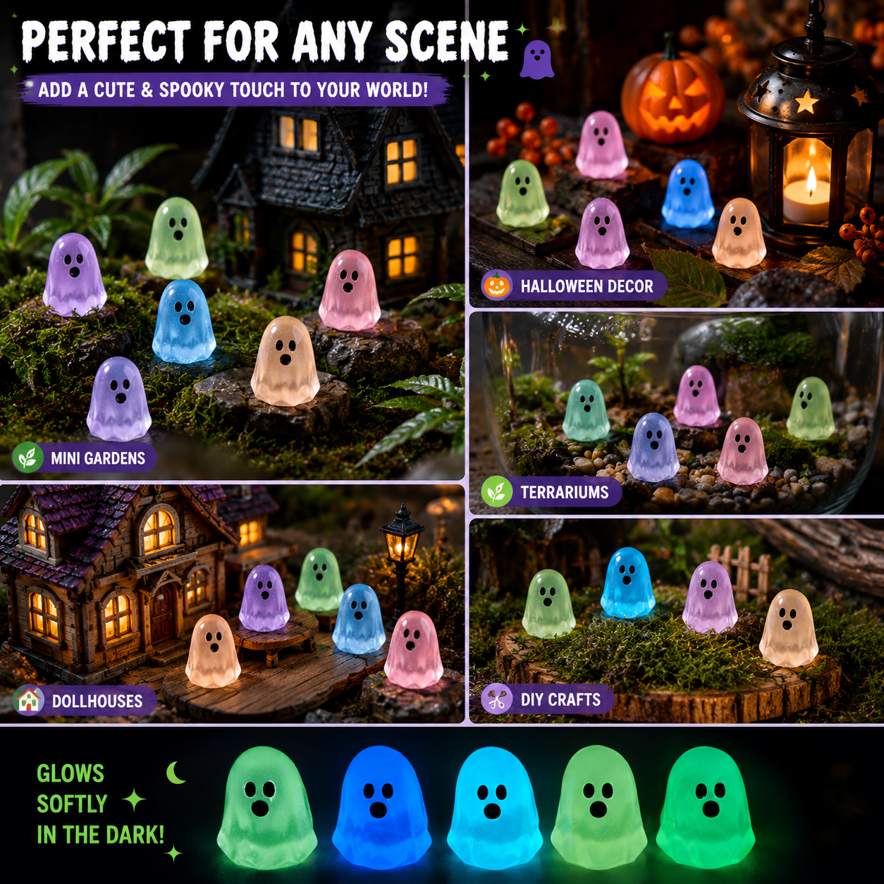 Random Glow-in-the-Dark Mini Ghost Figurines, Cute Halloween Resin Decorations for DIY Crafts & Micro Landscapes, 20/50PCS