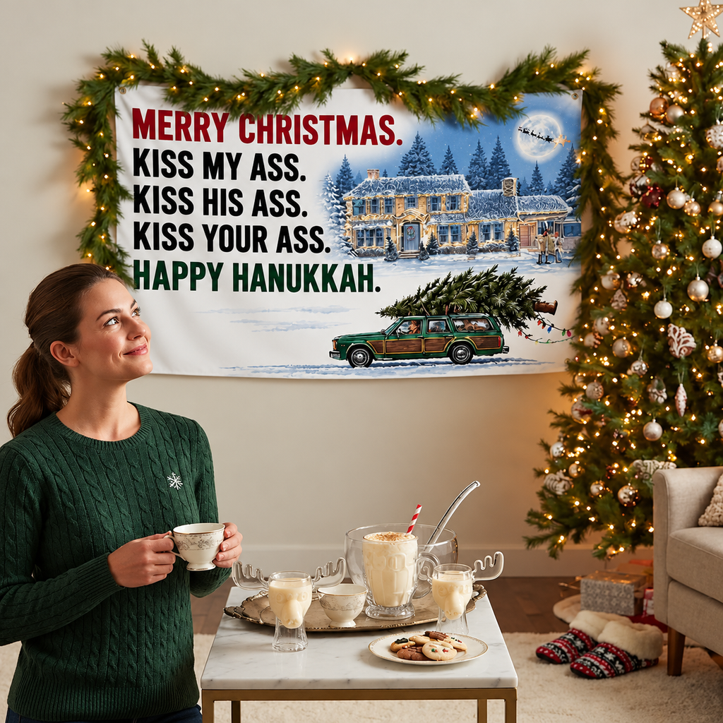 Funny Christmas Flag – Merry Christmas Happy Hanukkah Holiday Quote Banner, Single-Sided with Metal Grommets, Snowy House RV Station Wagon Design, Xmas Porch Yard Garage Wall Decor, Holiday Party Decoration, Funny Gift for Adults, Winter Decor