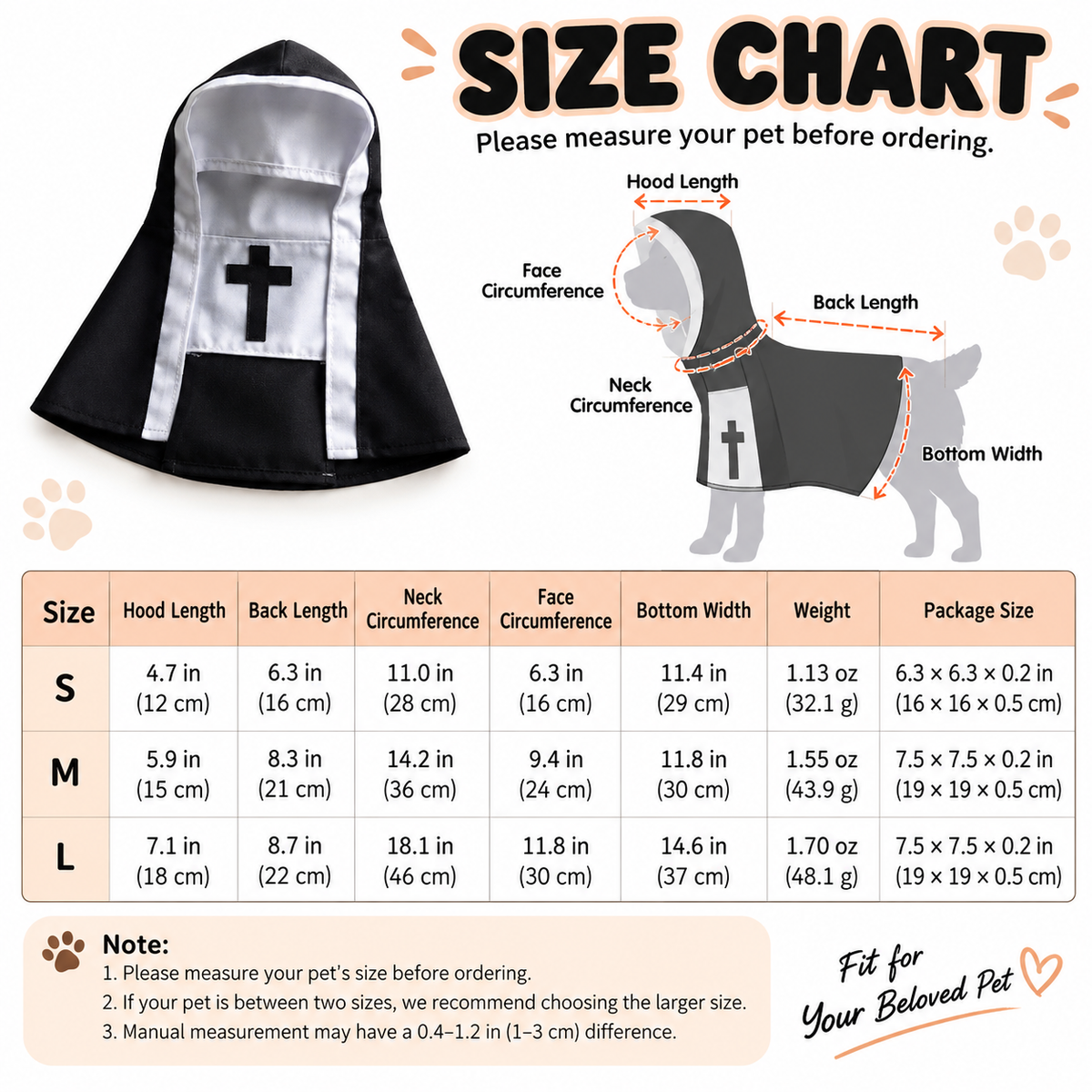 Funny Cat Nun Halloween Costume, One-Piece Hooded Dress for Cats & Small Dogs