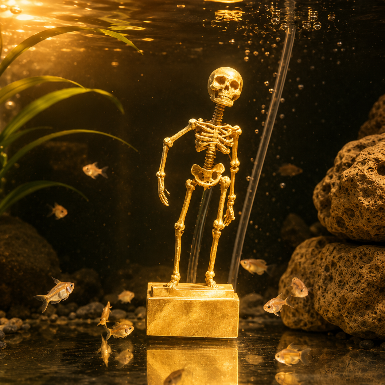 Halloween Dancing Skeleton Aquarium Decoration, Bubble-Activated Moving Fish Tank Ornament with Airflow Control Valve