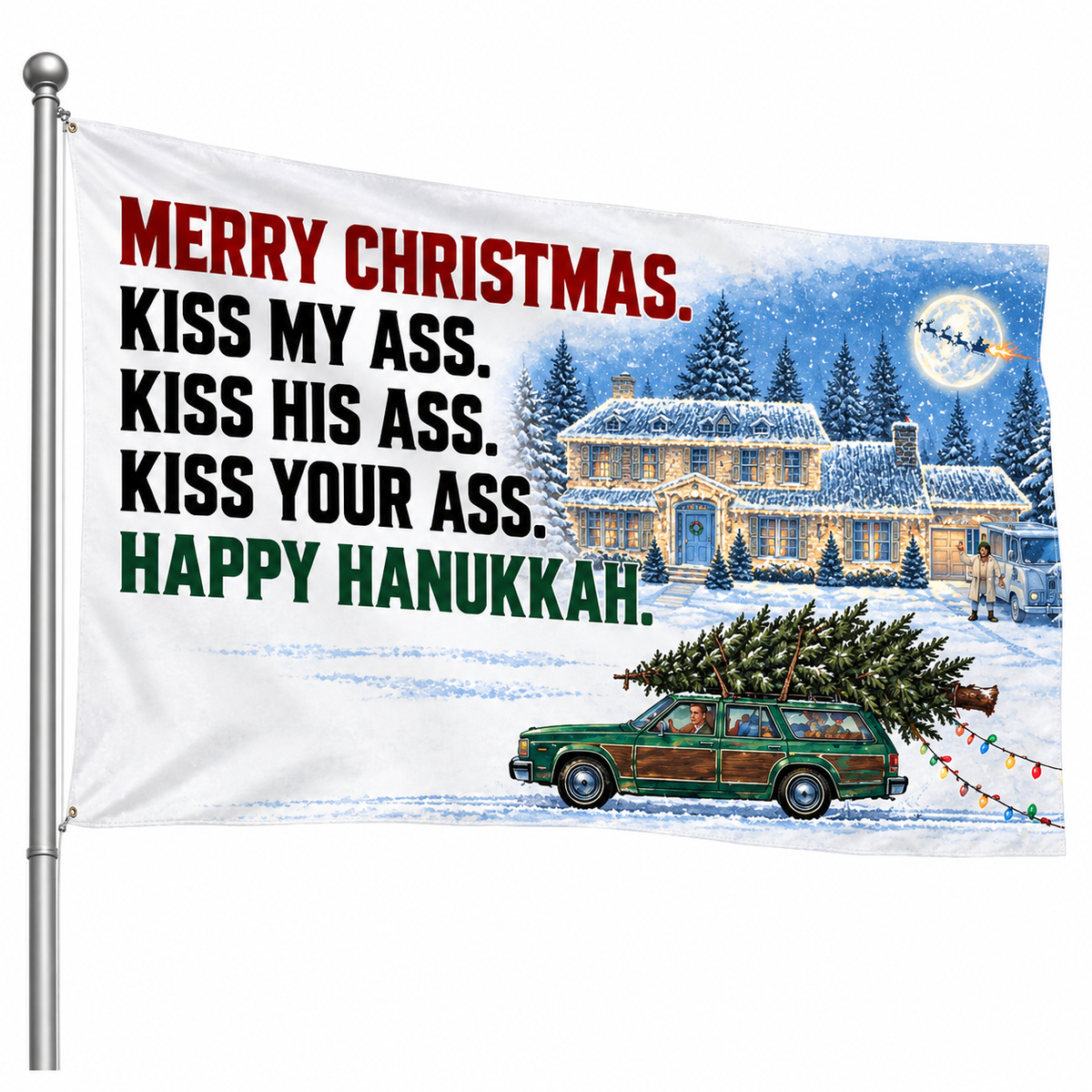 Funny Christmas Flag – Merry Christmas Happy Hanukkah Holiday Quote Banner, Single-Sided with Metal Grommets, Snowy House RV Station Wagon Design, Xmas Porch Yard Garage Wall Decor, Holiday Party Decoration, Funny Gift for Adults, Winter Decor