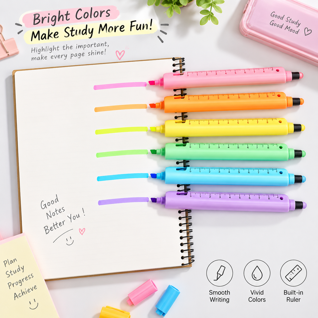 6-Pack 5-in-1 Highlighter Pen Set with Gel or Ballpoint Pen, 9cm Ruler, Touchscreen Stylus & Phone Stand for School, Office & Study