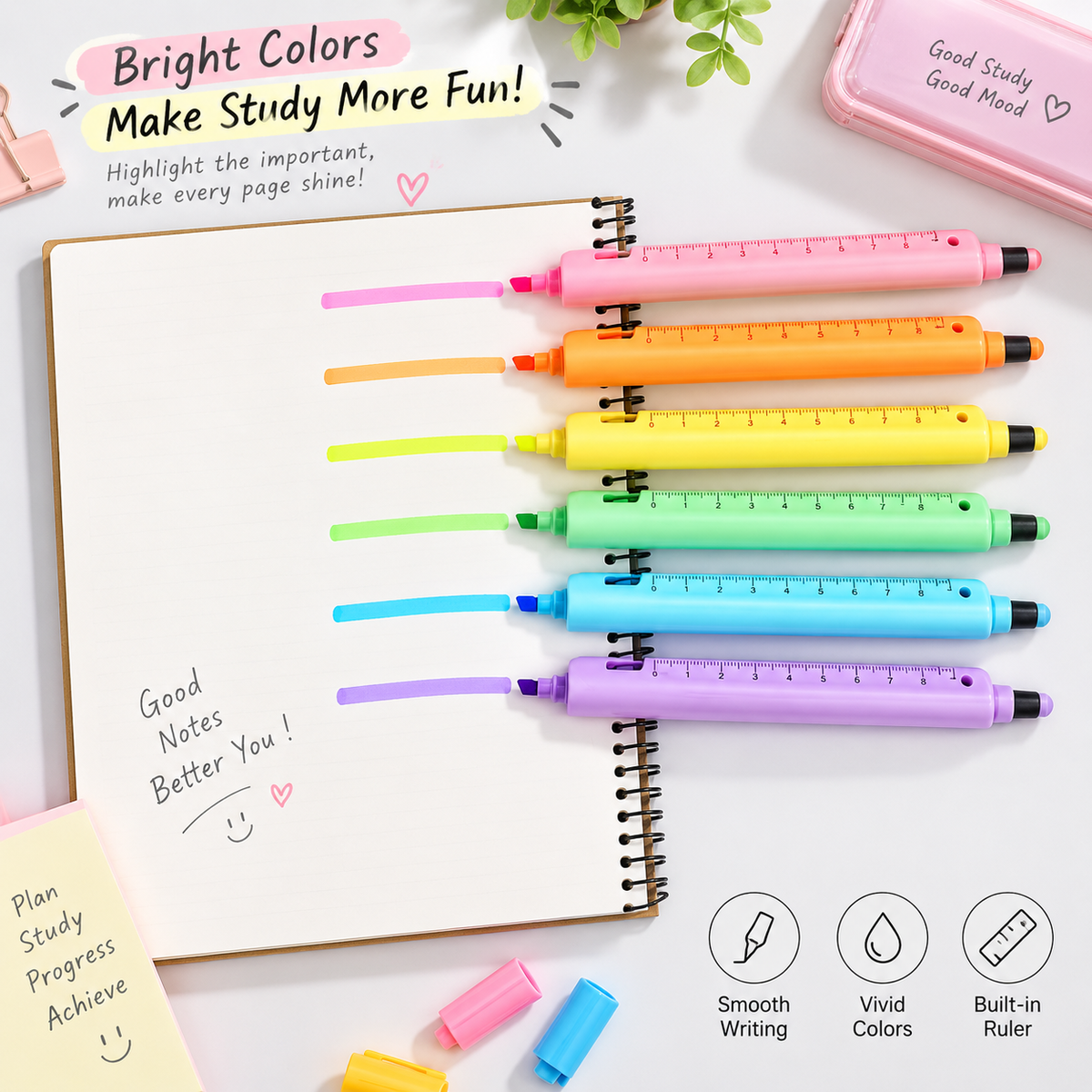 6-Pack 5-in-1 Highlighter Pen Set with Gel or Ballpoint Pen, 9cm Ruler, Touchscreen Stylus & Phone Stand for School, Office & Study