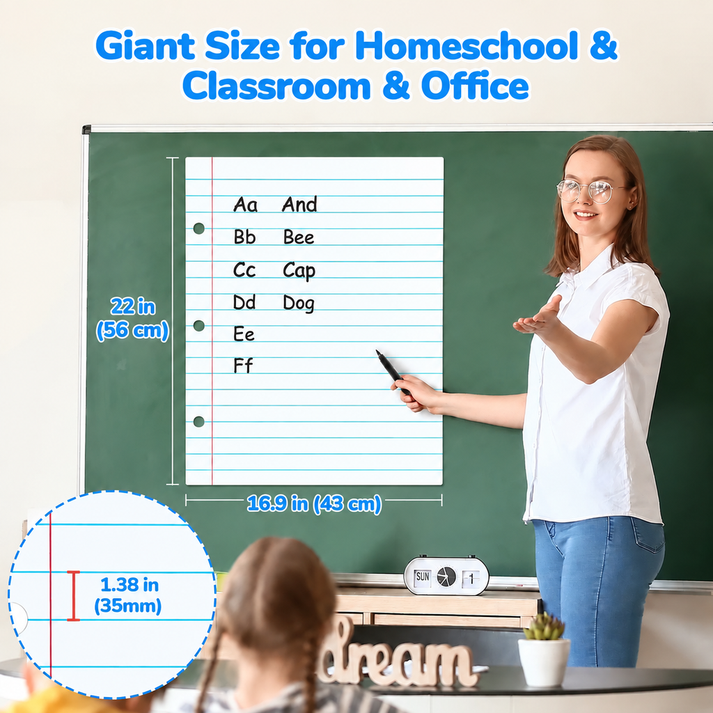 Giant Magnetic Lined Dry Erase Sheet, 22 × 16.9 in Reusable Writing Pad for Teachers, Classroom, Homeschool & Office