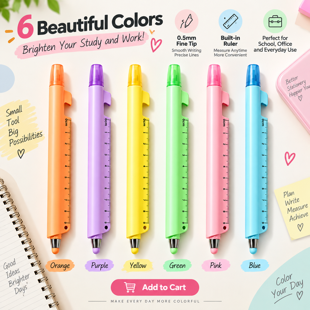 6-Pack 5-in-1 Highlighter Pen Set with Gel or Ballpoint Pen, 9cm Ruler, Touchscreen Stylus & Phone Stand for School, Office & Study