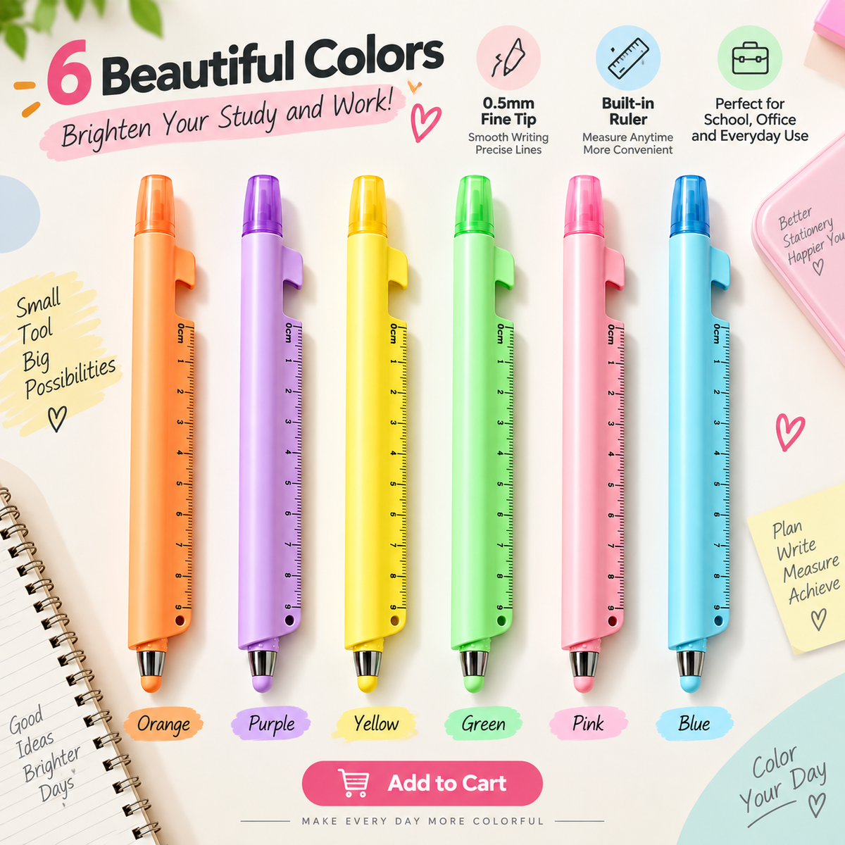 6-Pack 5-in-1 Highlighter Pen Set with Gel or Ballpoint Pen, 9cm Ruler, Touchscreen Stylus & Phone Stand for School, Office & Study