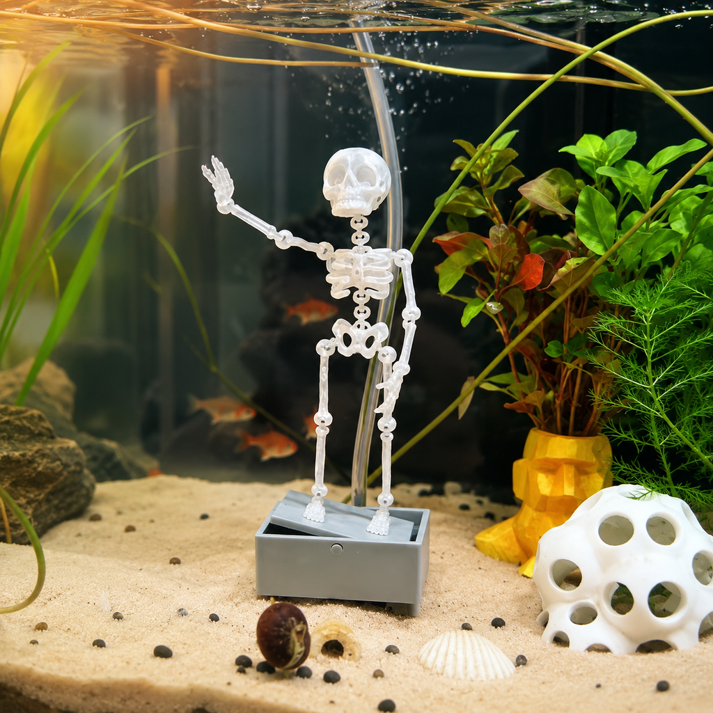 Halloween Dancing Skeleton Aquarium Decoration, Bubble-Activated Moving Fish Tank Ornament with Airflow Control Valve