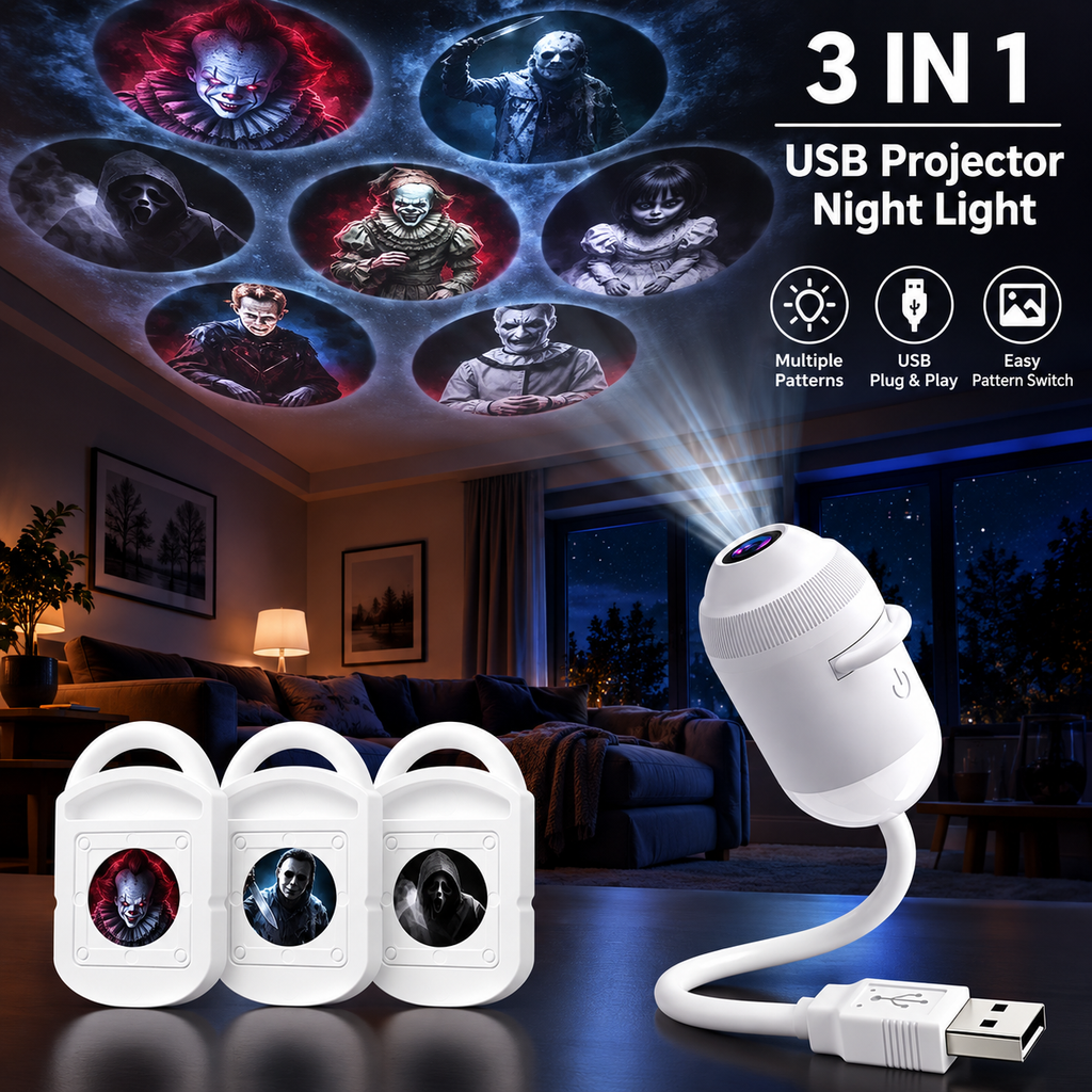 Halloween 2-in-1 Projection Night Light, 360° Adjustable USB Projector Lamp with Interchangeable Spooky Films, Touch Control for Bedroom, Party, Hallway & Parked Car Decor