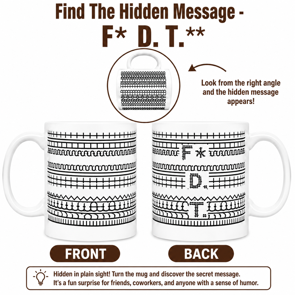 FDT Hidden Message Mug, 11oz Secret Message Ceramic Coffee Cup, Funny Gag Gift